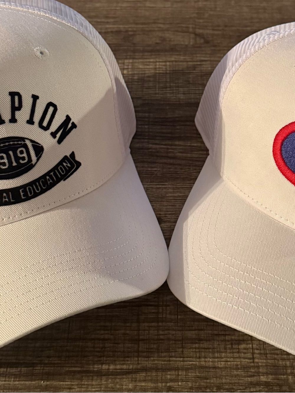 Champion White Trucker Caps with Navy and Red Embroidery